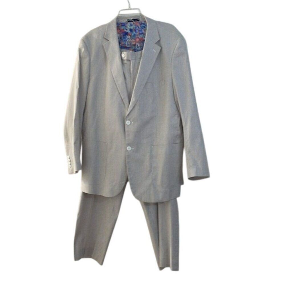 Alan Flusser Seersucker Suit Mens XL Blazer 40x30 Pants Gray Striped Cotton